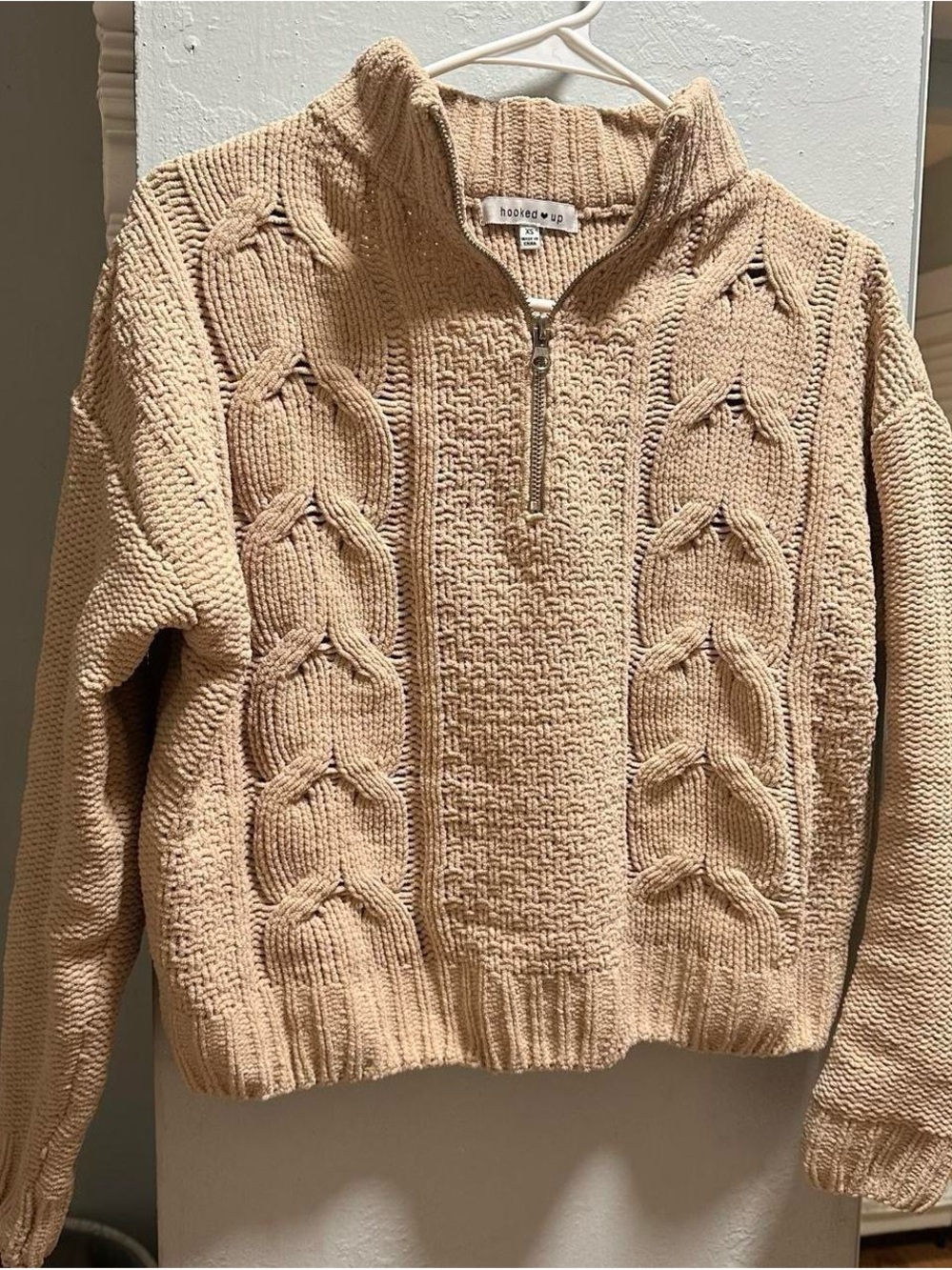Hooked Up by IOT Beige Cable-Knit Half-Zip Sweater